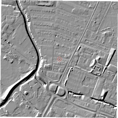 Shaded relief map of the ground around LE45HE, computed from Environment Agency LiDAR. The ground here sits at about 53 m above sea level and falls 7 m across the surrounding 800 m. Surface water reaching this point runs off ground lying to the east-north-east, 1.2 m higher.
