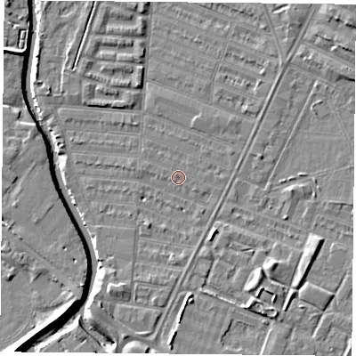 Shaded relief map of the ground around LE45HF, computed from Environment Agency LiDAR. The ground here sits at about 53 m above sea level and falls 7 m across the surrounding 800 m. The ground contributing surface water to this point lies to the west-south-west.