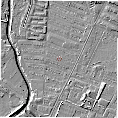 Shaded relief map of the ground around LE45HG, computed from Environment Agency LiDAR. The ground here sits at about 53 m above sea level and falls 8 m across the surrounding 800 m. Surface water reaching this point runs off ground lying to the south-south-east, 0.5 m higher.