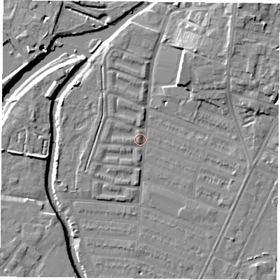 Shaded relief map of the ground around LE45HH, computed from Environment Agency LiDAR. The ground here sits at about 53 m above sea level and falls 11 m across the surrounding 800 m. Surface water reaching this point runs off ground lying to the east-south-east, 2.0 m higher.