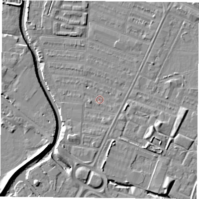 Shaded relief map of the ground around LE45HJ, computed from Environment Agency LiDAR. The ground here sits at about 53 m above sea level and falls 7 m across the surrounding 800 m. Surface water reaching this point runs off ground lying to the south-east, 0.7 m higher.