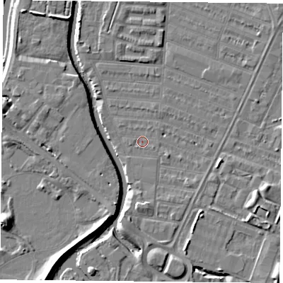 Shaded relief map of the ground around LE45HL, computed from Environment Agency LiDAR. The ground here sits at about 53 m above sea level and falls 7 m across the surrounding 800 m. Surface water reaching this point runs off ground lying to the east-south-east, 1.7 m higher.