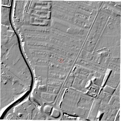 Shaded relief map of the ground around LE45HN, computed from Environment Agency LiDAR. The ground here sits at about 53 m above sea level and falls 7 m across the surrounding 800 m. Surface water reaching this point runs off ground lying to the south-south-east, 0.7 m higher.