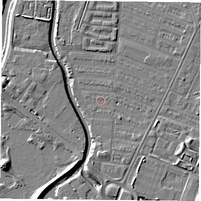 Shaded relief map of the ground around LE45HP, computed from Environment Agency LiDAR. The ground here sits at about 53 m above sea level and falls 7 m across the surrounding 800 m. Surface water reaching this point runs off ground lying to the south-east, 1.7 m higher.