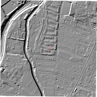 Shaded relief map of the ground around LE45HS, computed from Environment Agency LiDAR. The ground here sits at about 53 m above sea level and falls 10 m across the surrounding 800 m. Surface water reaching this point runs off ground lying to the west-north-west, 0.8 m higher.