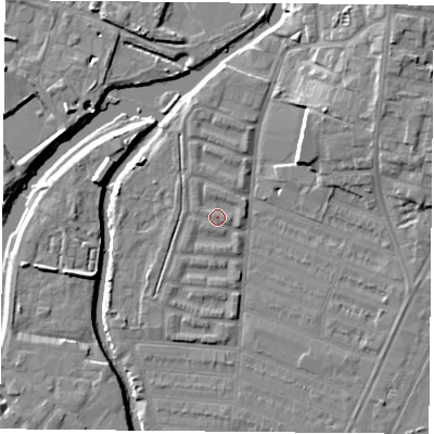 Shaded relief map of the ground around LE45HT, computed from Environment Agency LiDAR. The ground here sits at about 53 m above sea level and falls 11 m across the surrounding 800 m. Surface water reaching this point runs off ground lying to the west-north-west, 0.8 m higher.