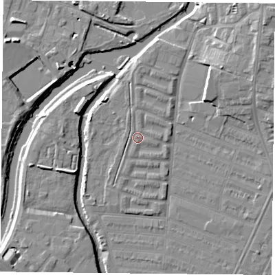Shaded relief map of the ground around LE45HU, computed from Environment Agency LiDAR. The ground here sits at about 53 m above sea level and falls 11 m across the surrounding 800 m. Surface water reaching this point runs off ground lying to the east, 0.8 m higher.