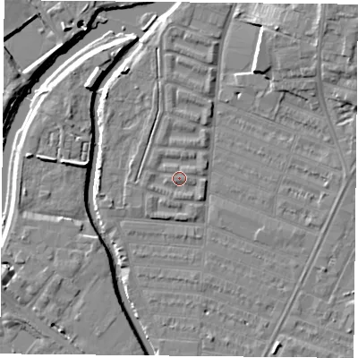 Shaded relief map of the ground around LE45HW, computed from Environment Agency LiDAR. The ground here sits at about 53 m above sea level and falls 10 m across the surrounding 800 m. Surface water reaching this point runs off ground lying to the west-south-west, 0.9 m higher.