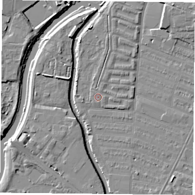 Shaded relief map of the ground around LE45HX, computed from Environment Agency LiDAR. The ground here sits at about 53 m above sea level and falls 9 m across the surrounding 800 m. The ground contributing surface water to this point lies to the north-north-west.