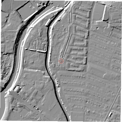 Shaded relief map of the ground around LE45HY, computed from Environment Agency LiDAR. The ground here sits at about 53 m above sea level and falls 10 m across the surrounding 800 m. Surface water reaching this point runs off ground lying to the west-south-west, 1.0 m higher.