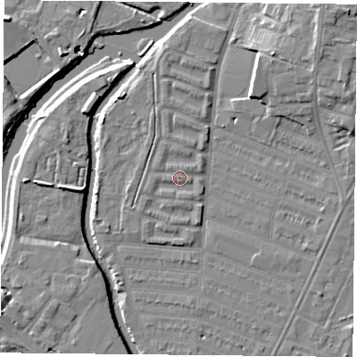 Shaded relief map of the ground around LE45HZ, computed from Environment Agency LiDAR. The ground here sits at about 53 m above sea level and falls 10 m across the surrounding 800 m. Surface water reaching this point runs off ground lying to the south-south-east, 0.9 m higher.