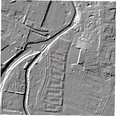 Shaded relief map of the ground around LE45JE, computed from Environment Agency LiDAR. The ground here sits at about 53 m above sea level and falls 11 m across the surrounding 800 m. Surface water reaching this point runs off ground lying to the east-north-east, 0.7 m higher.