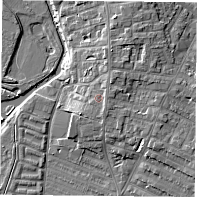 Shaded relief map of the ground around LE45LE, computed from Environment Agency LiDAR. The ground here sits at about 58 m above sea level and falls 10 m across the surrounding 800 m. Surface water reaching this point runs off ground lying to the north-north-east, 1.6 m higher.