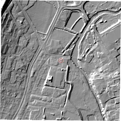Shaded relief map of the ground around LE45PF, computed from Environment Agency LiDAR. The ground here sits at about 52 m above sea level and falls 20 m across the surrounding 800 m. Surface water reaching this point runs off ground lying to the north-north-east, 2.2 m higher.