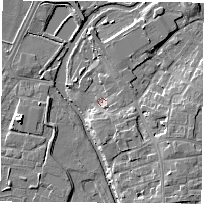 Shaded relief map of the ground around LE45PG, computed from Environment Agency LiDAR. The ground here sits at about 52 m above sea level and falls 10 m across the surrounding 800 m. Surface water reaching this point runs off ground lying to the south, 4.7 m higher.