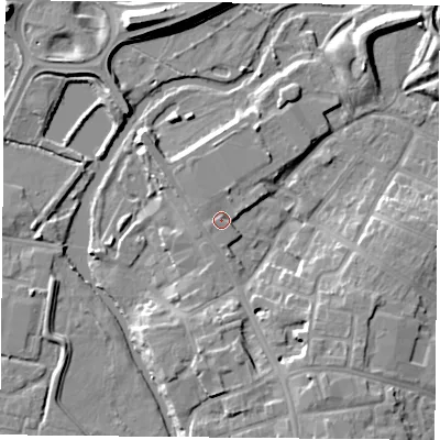 Shaded relief map of the ground around LE45PN, computed from Environment Agency LiDAR. The ground here sits at about 53 m above sea level and falls 10 m across the surrounding 800 m. Surface water reaching this point runs off ground lying to the north-north-east, 1.9 m higher.