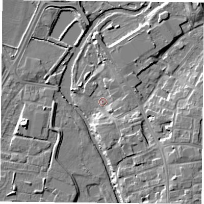 Shaded relief map of the ground around LE45PP, computed from Environment Agency LiDAR. The ground here sits at about 52 m above sea level and falls 10 m across the surrounding 800 m. Surface water reaching this point runs off ground lying to the south-south-east, 5.0 m higher.