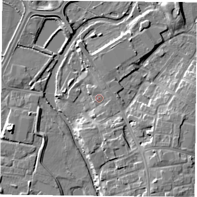 Shaded relief map of the ground around LE45PR, computed from Environment Agency LiDAR. The ground here sits at about 53 m above sea level and falls 10 m across the surrounding 800 m. Surface water reaching this point runs off ground lying to the east-south-east, 0.9 m higher.