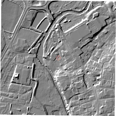 Shaded relief map of the ground around LE45PS, computed from Environment Agency LiDAR. The ground here sits at about 51 m above sea level and falls 10 m across the surrounding 800 m. Surface water reaching this point runs off ground lying to the south-south-east, 5.2 m higher.