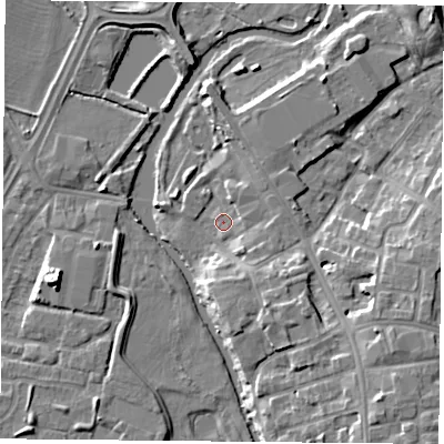 Shaded relief map of the ground around LE45PT, computed from Environment Agency LiDAR. The ground here sits at about 52 m above sea level and falls 10 m across the surrounding 800 m. Surface water reaching this point runs off ground lying to the south-south-east, 5.0 m higher.