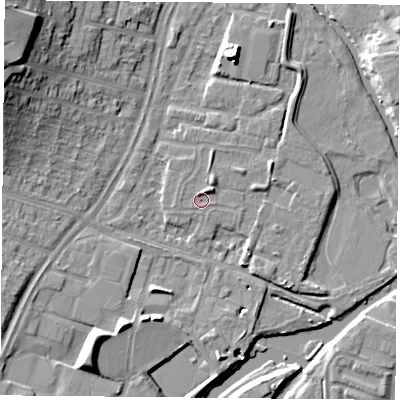 Shaded relief map of the ground around LE45PU, computed from Environment Agency LiDAR. The ground here sits at about 53 m above sea level and falls 17 m across the surrounding 800 m. The ground contributing surface water to this point lies to the west-south-west.