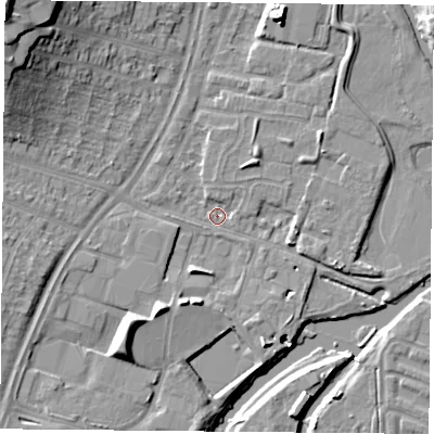 Shaded relief map of the ground around LE45PW, computed from Environment Agency LiDAR. The ground here sits at about 52 m above sea level and falls 21 m across the surrounding 800 m. Surface water reaching this point runs off ground lying to the north, 1.4 m higher.