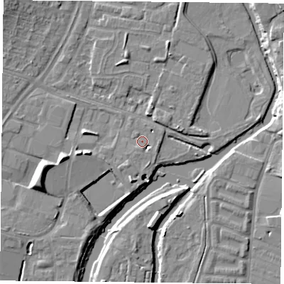 Shaded relief map of the ground around LE45PX, computed from Environment Agency LiDAR. The ground here sits at about 53 m above sea level and falls 11 m across the surrounding 800 m. Surface water reaching this point runs off ground lying to the south, 2.7 m higher.