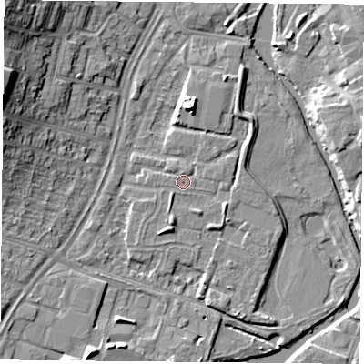 Shaded relief map of the ground around LE45PY, computed from Environment Agency LiDAR. The ground here sits at about 53 m above sea level and falls 15 m across the surrounding 800 m. Surface water reaching this point runs off ground lying to the south-south-east, 0.7 m higher.