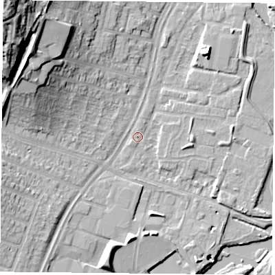 Shaded relief map of the ground around LE45QA, computed from Environment Agency LiDAR. The ground here sits at about 53 m above sea level and falls 33 m across the surrounding 800 m. Surface water reaching this point runs off ground lying to the south-west, 0.8 m higher.