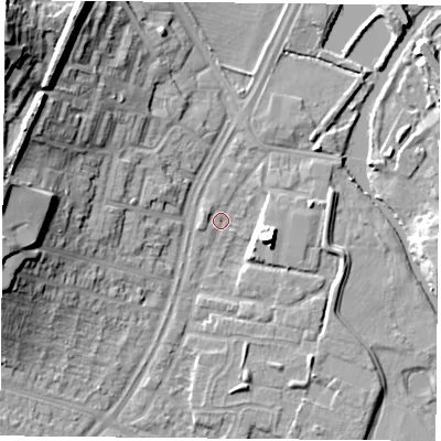 Shaded relief map of the ground around LE45QB, computed from Environment Agency LiDAR. The ground here sits at about 52 m above sea level and falls 27 m across the surrounding 800 m. Surface water reaching this point runs off ground lying to the east-south-east, 7.7 m higher.