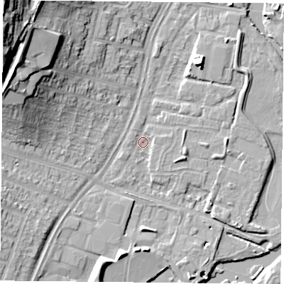 Shaded relief map of the ground around LE45QD, computed from Environment Agency LiDAR. The ground here sits at about 52 m above sea level and falls 29 m across the surrounding 800 m. Surface water reaching this point runs off ground lying to the west-north-west, 13.1 m higher.