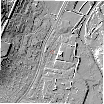 Shaded relief map of the ground around LE45QE, computed from Environment Agency LiDAR. The ground here sits at about 52 m above sea level and falls 25 m across the surrounding 800 m. Surface water reaching this point runs off ground lying to the east-south-east, 7.7 m higher.