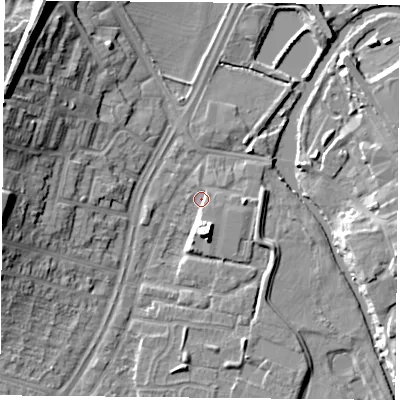 Shaded relief map of the ground around LE45QG, computed from Environment Agency LiDAR. The ground here sits at about 52 m above sea level and falls 19 m across the surrounding 800 m. Surface water reaching this point runs off ground lying to the south, 7.7 m higher.