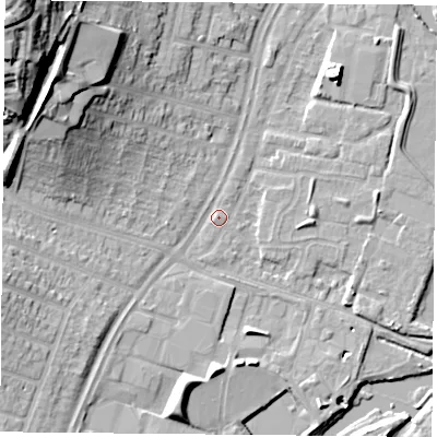 Shaded relief map of the ground around LE45QH, computed from Environment Agency LiDAR. The ground here sits at about 53 m above sea level and falls 33 m across the surrounding 800 m. Surface water reaching this point runs off ground lying to the south-west, 1.1 m higher.