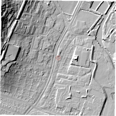 Shaded relief map of the ground around LE45QJ, computed from Environment Agency LiDAR. The ground here sits at about 52 m above sea level and falls 33 m across the surrounding 800 m. Surface water reaching this point runs off ground lying to the west-south-west, 10.2 m higher.