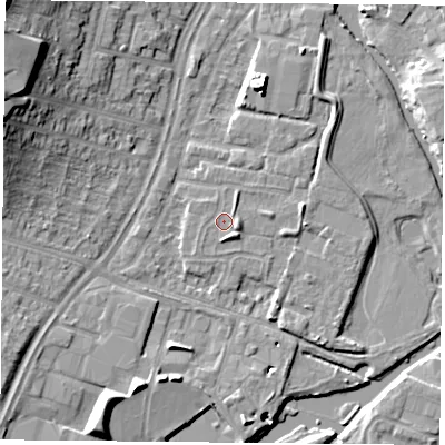 Shaded relief map of the ground around LE45QN, computed from Environment Agency LiDAR. The ground here sits at about 53 m above sea level and falls 18 m across the surrounding 800 m. Surface water reaching this point runs off ground lying to the south-east, 1.5 m higher.