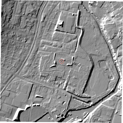 Shaded relief map of the ground around LE45QP, computed from Environment Agency LiDAR. The ground here sits at about 53 m above sea level and falls 13 m across the surrounding 800 m. Surface water reaching this point runs off ground lying to the north-east, 0.9 m higher.