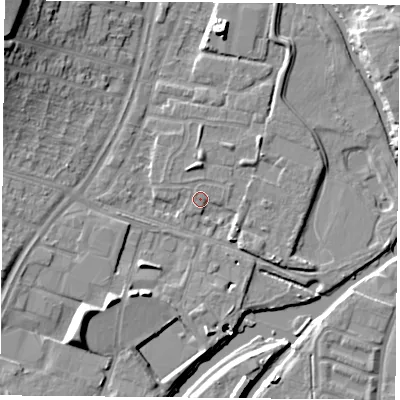 Shaded relief map of the ground around LE45QQ, computed from Environment Agency LiDAR. The ground here sits at about 53 m above sea level and falls 16 m across the surrounding 800 m. Surface water reaching this point runs off ground lying to the south-west, 8.2 m higher.