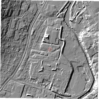 Shaded relief map of the ground around LE45RB, computed from Environment Agency LiDAR. The ground here sits at about 53 m above sea level and falls 13 m across the surrounding 800 m. Surface water reaching this point runs off ground lying to the north-east, 0.8 m higher.
