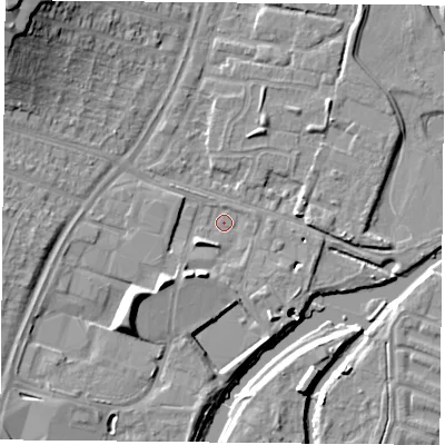 Shaded relief map of the ground around LE45RD, computed from Environment Agency LiDAR. The ground here sits at about 52 m above sea level and falls 18 m across the surrounding 800 m. Surface water reaching this point runs off ground lying to the south-west, 7.7 m higher.