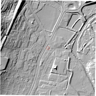 Shaded relief map of the ground around LE45RE, computed from Environment Agency LiDAR. The ground here sits at about 52 m above sea level and falls 24 m across the surrounding 800 m. Surface water reaching this point runs off ground lying to the west-north-west, 20.9 m higher.
