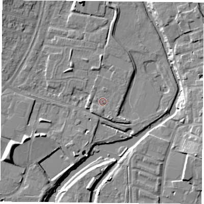 Shaded relief map of the ground around LE45SP, computed from Environment Agency LiDAR. The ground here sits at about 53 m above sea level and falls 11 m across the surrounding 800 m. Surface water reaching this point runs off ground lying to the south-south-east, 1.6 m higher.