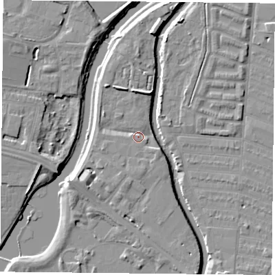 Shaded relief map of the ground around LE45TJ, computed from Environment Agency LiDAR. The ground here sits at about 54 m above sea level and falls 7 m across the surrounding 800 m. Surface water reaching this point runs off ground lying to the north, 3.1 m higher.