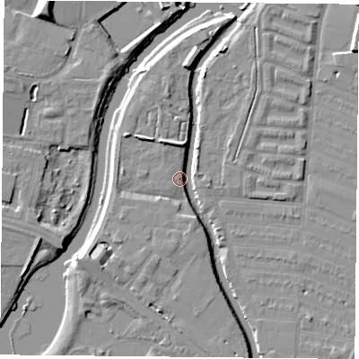 Shaded relief map of the ground around LE45TL, computed from Environment Agency LiDAR. The ground here sits at about 53 m above sea level and falls 11 m across the surrounding 800 m. Surface water reaching this point runs off ground lying to the north, 5.9 m higher.