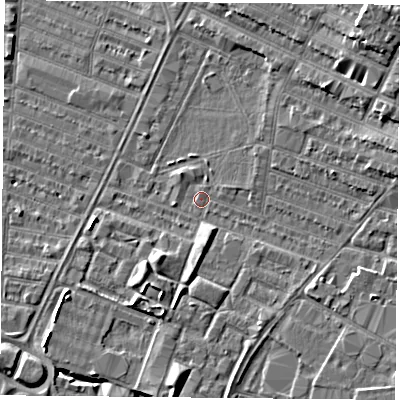 Shaded relief map of the ground around LE46AB, computed from Environment Agency LiDAR. The ground here sits at about 53 m above sea level and falls 11 m across the surrounding 800 m. Surface water reaching this point runs off ground lying to the east-north-east, 4.4 m higher.