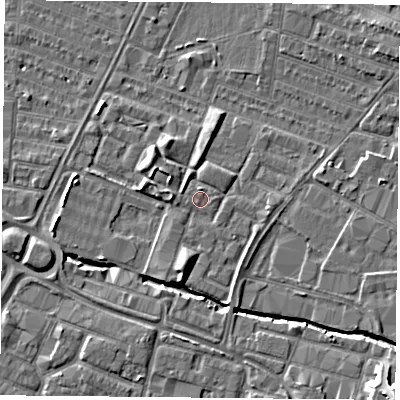 Shaded relief map of the ground around LE46AD, computed from Environment Agency LiDAR. The ground here sits at about 55 m above sea level and falls 11 m across the surrounding 800 m. The ground contributing surface water to this point lies to the south-west.