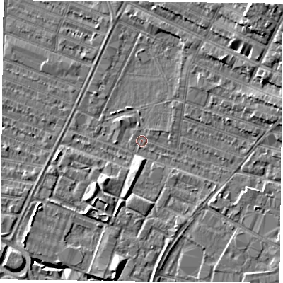 Shaded relief map of the ground around LE46AE, computed from Environment Agency LiDAR. The ground here sits at about 53 m above sea level and falls 11 m across the surrounding 800 m. Surface water reaching this point runs off ground lying to the east-north-east, 4.6 m higher.