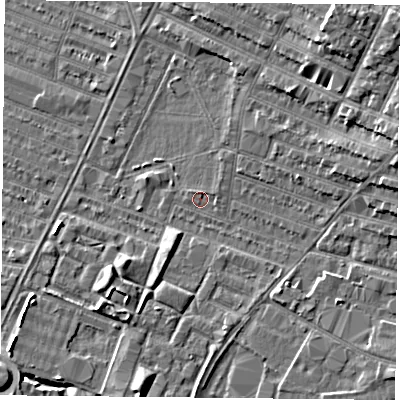 Shaded relief map of the ground around LE46AL, computed from Environment Agency LiDAR. The ground here sits at about 54 m above sea level and falls 11 m across the surrounding 800 m. Surface water reaching this point runs off ground lying to the east-north-east, 5.3 m higher.