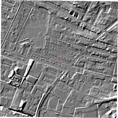 Shaded relief map of the ground around LE46AN, computed from Environment Agency LiDAR. The ground here sits at about 54 m above sea level and falls 13 m across the surrounding 800 m. Surface water reaching this point runs off ground lying to the east-north-east, 7.4 m higher.