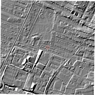 Shaded relief map of the ground around LE46AP, computed from Environment Agency LiDAR. The ground here sits at about 53 m above sea level and falls 10 m across the surrounding 800 m. Surface water reaching this point runs off ground lying to the east-north-east, 5.7 m higher.